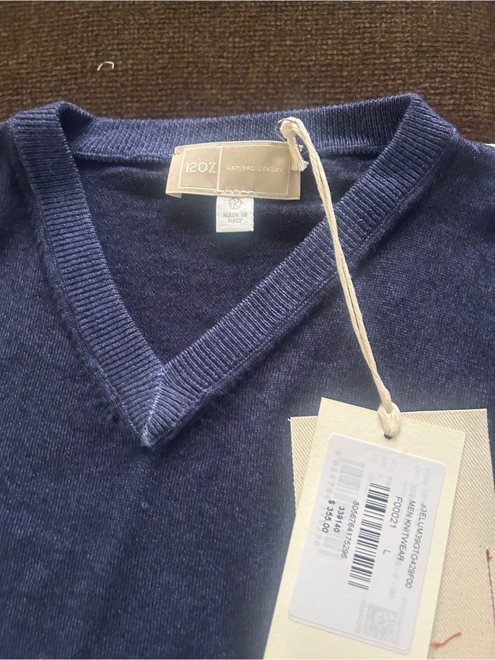 120% Lino Men’s V-Neck Sweater in Navy Blue